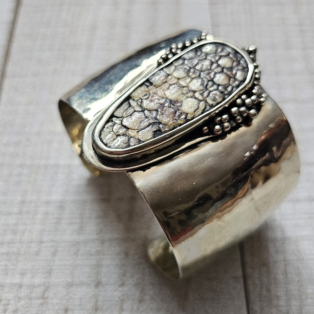 Vintage Pale Gold Plated Cuff Bracelet. Pebble Stone Bracelet. Boho.